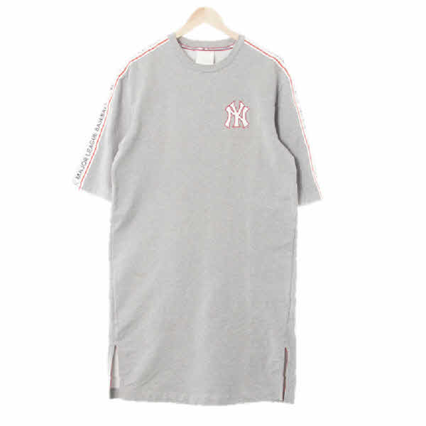 MLB 멜란지그레이 면혼방 레터링소매띠반팔라운드원피스
