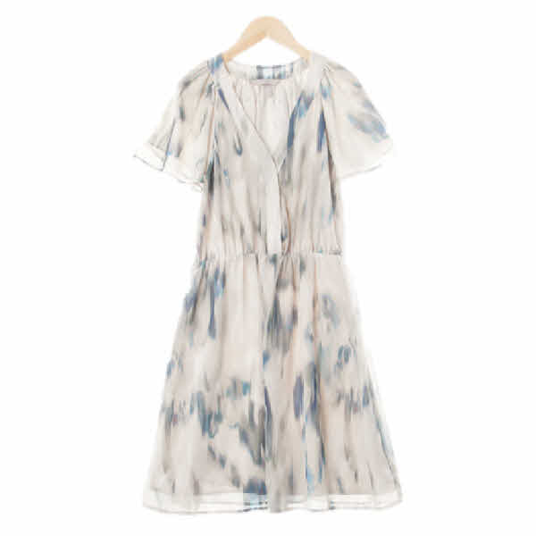 h&m 그레이 추상브러쉬패턴 히든버튼티어드쉬폰반팔원피스