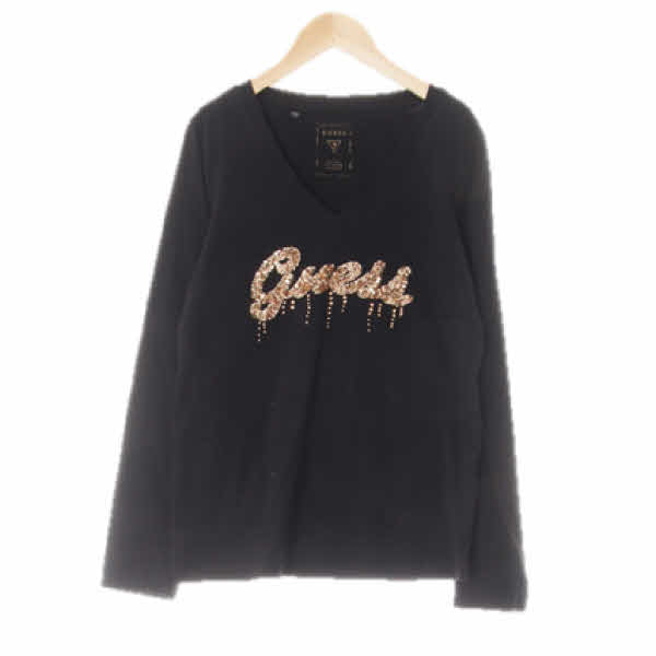 Guess 블랙 면혼방 비즈빅로고브이넥긴팔티