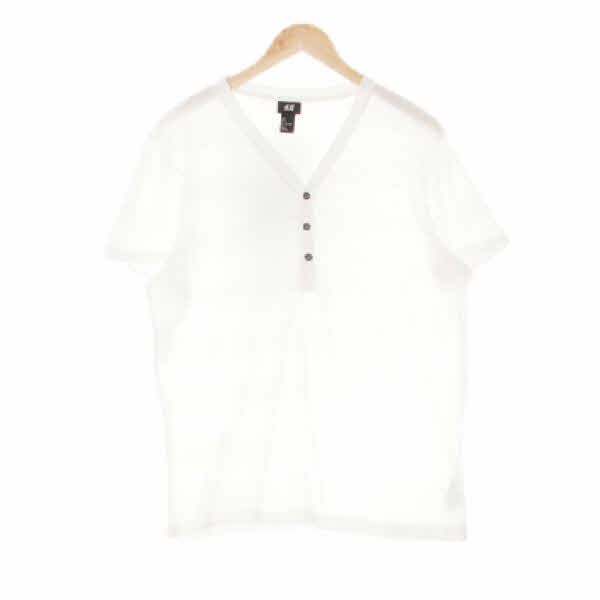 h&m 화이트 스트라이프 면혼방 브이넥슬라브반팔티