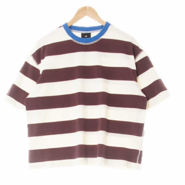 h&m 포트와인앤틱화이트 스트라이프 면 크루넥배색넥라인반팔티