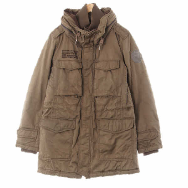 Guess 올리브카키 면혼방 레터링입체포켓롱야상패딩