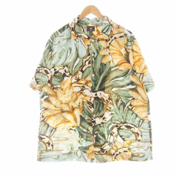 h&m 그린 추상플라워패턴 슬릿카라반팔셔츠