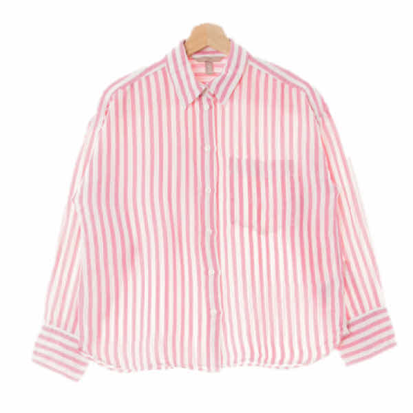 h&m 핑크화이트 스트라이프 린넨혼방 루즈핏오각형포켓셔츠