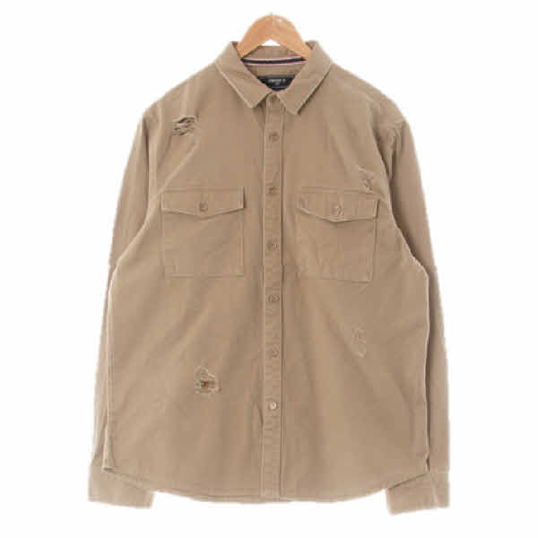 Forever21 다크샌드베이지 면 더블포켓데미지긴팔셔츠