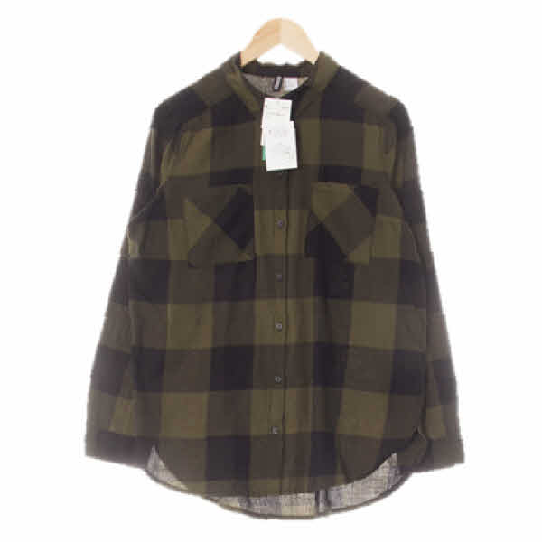 h&m 딥카키블랙 체크 면 더블포켓루즈핏셔츠