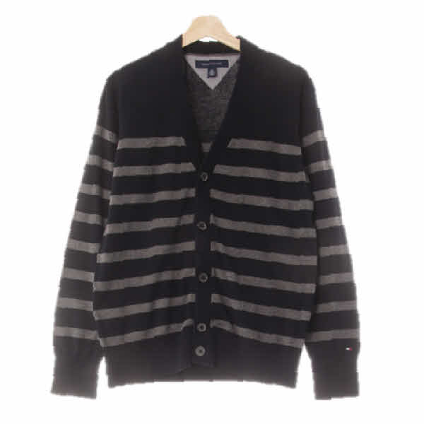 타미힐피거 블랙멜란지그레이 스트라이프 면 브이넥소매미니로고가디건