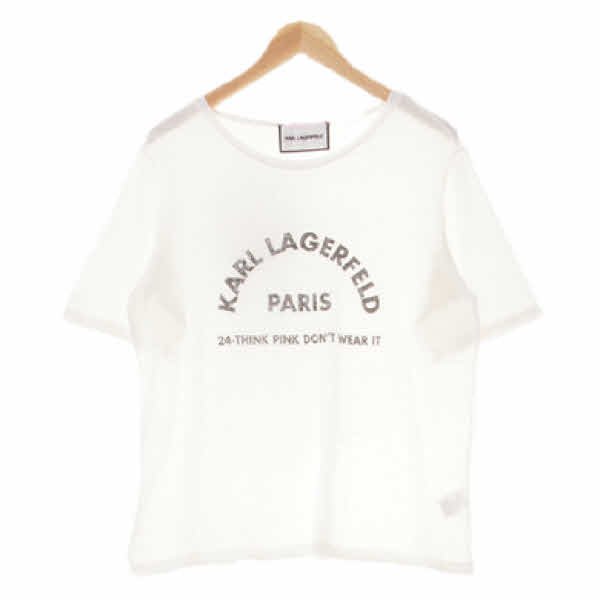 karllagerfeld 화이트 린넨혼방 라운딩빅로고보트넥반팔티