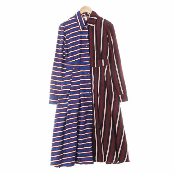 h&m 와인블루 스트라이프 배색롱카라맥시원피스