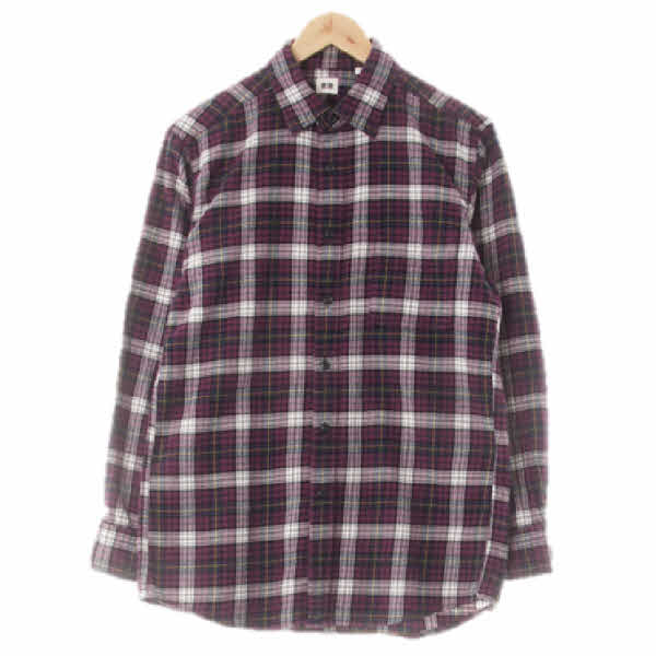 유니클로 퍼플포션네이비 체크 플란넬 롱히든포켓셔츠