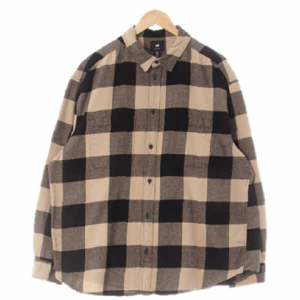 h&m 라이트베이지블랙 깅엄체크 면 릴렉시드핏포켓긴팔셔츠