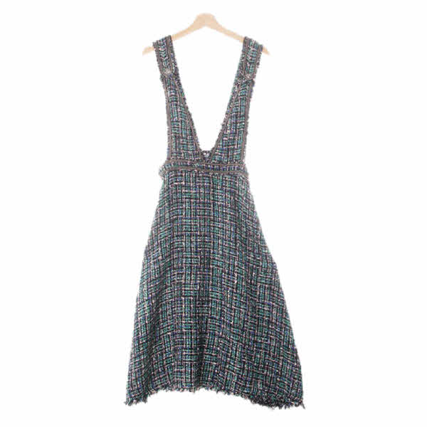 H&M 딥틸그린네이비 체크 비스코스혼방 트위드비즈장식원피스