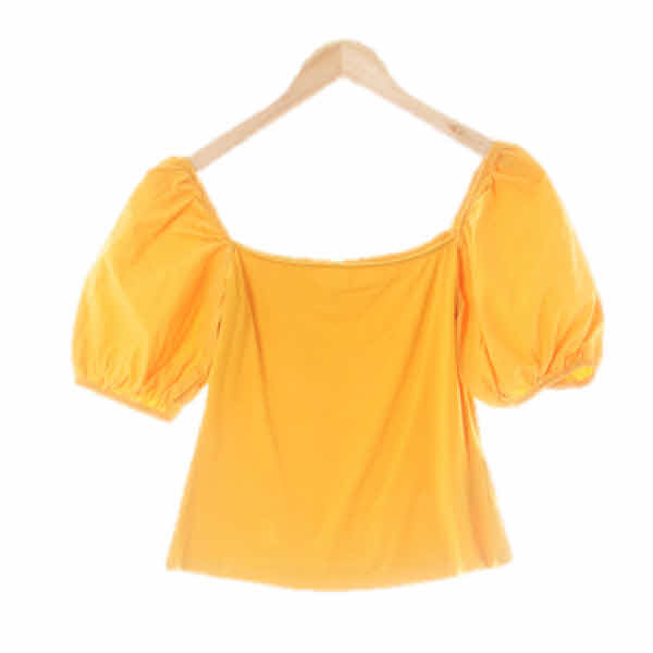 h&m 사프란옐로우 면혼방 퍼프반소매오프숄더티