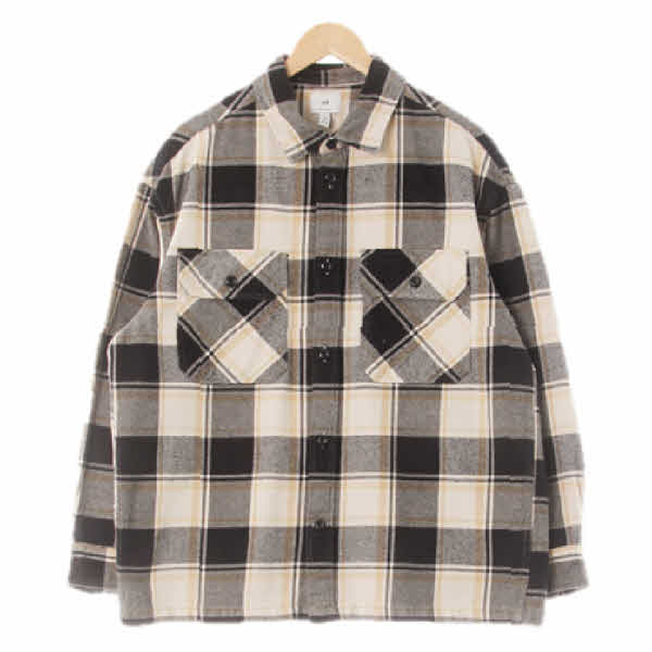 h&m 크림아이보리블랙 체크 면 포켓오버사이즈긴팔셔츠