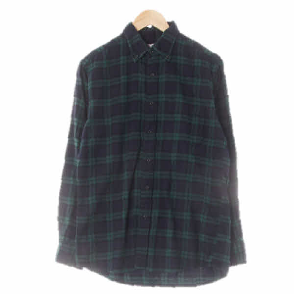 유니클로 네이비포레스트그린 체크 면 포켓긴팔셔츠