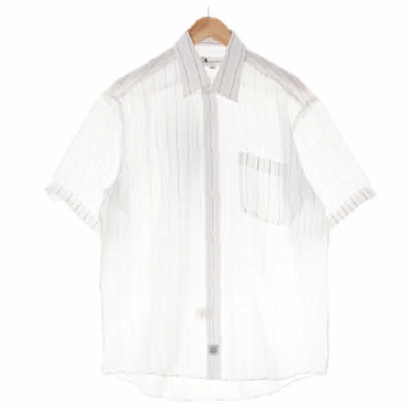 aquascutum 화이트블루 스트라이프 린넨혼방 쿨포켓반팔셔츠