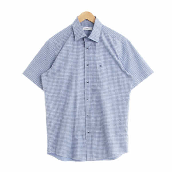 ungaro 라이트블루 체크 면혼방 육각포켓반팔셔츠