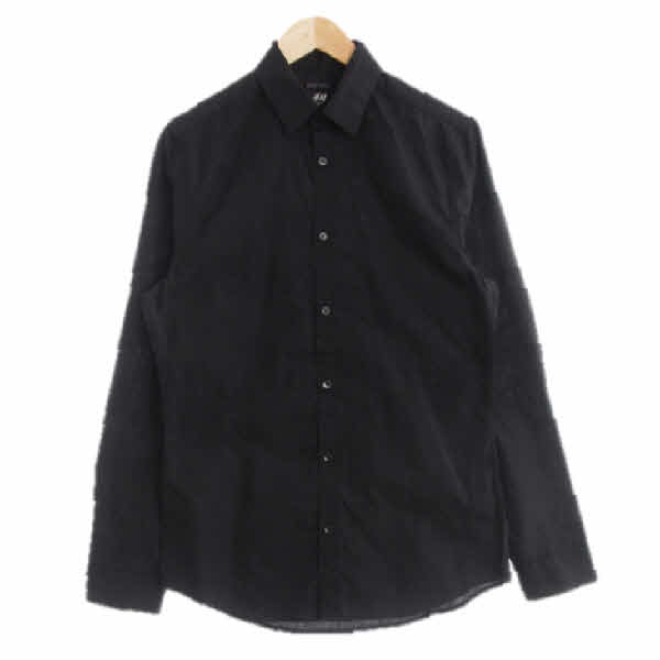 h&m 블랙 면혼방 백라인절개긴소매셔츠