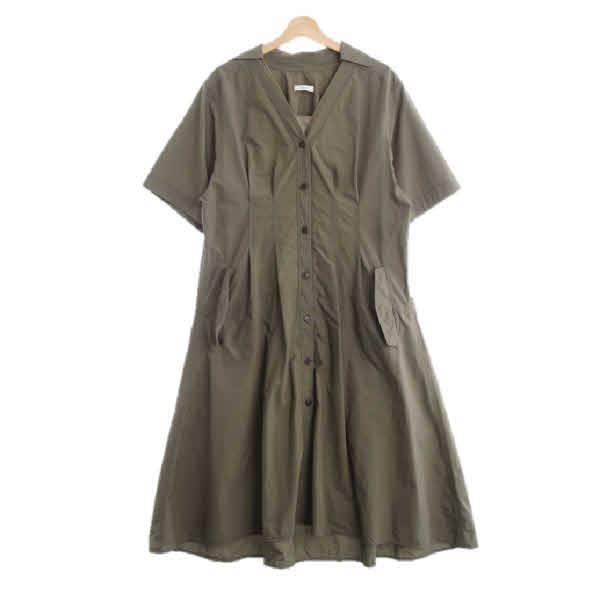 시스템 카키 면혼방 핀턱슬릿카라루즈원피스