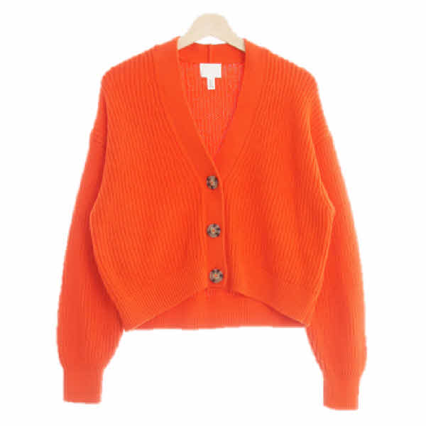 h&m 네온핫오렌지 면혼방 쓰리빅버튼가디건