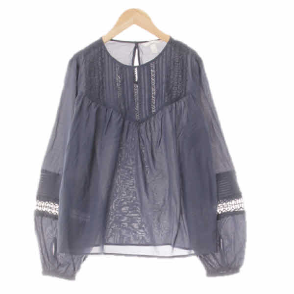h&m 더스티블루 면혼방 레이스셔링블라우스