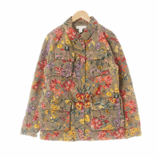 h&m 카키 플로럴패턴 면 플랩포켓미들야상재킷