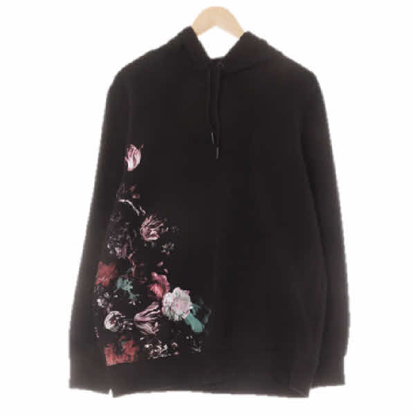 h&m 블랙 프린팅 면혼방 플라워후드티