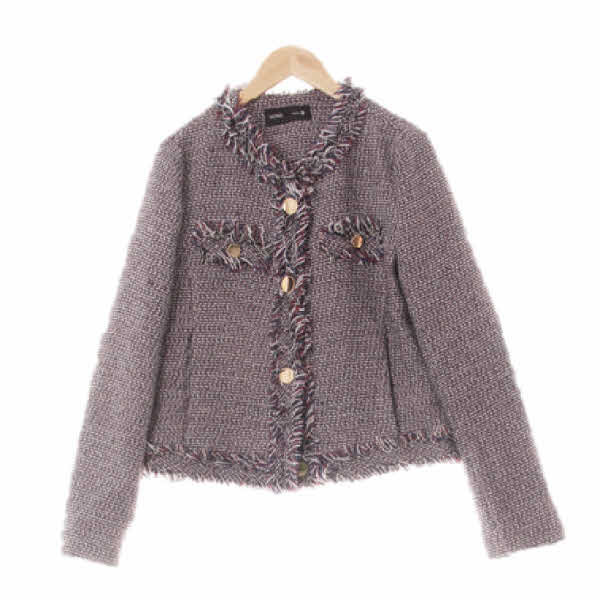 mixxo 퍼플네이비 체크 울혼방 투톤프린지트윌숏재킷