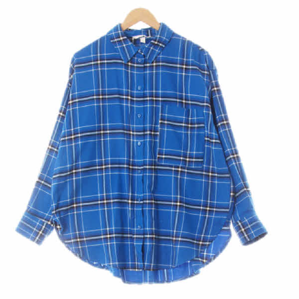 h&m 브라이트다즐링블루 체크 비스코스혼방 빅싱글포켓셔츠