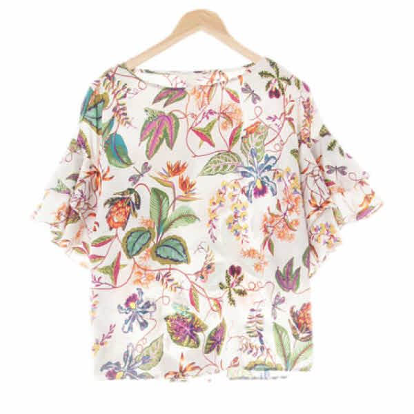 h&m 아이보리캑터스플라워퍼플 열대식물패턴 쉬폰빅러플소매블라우스