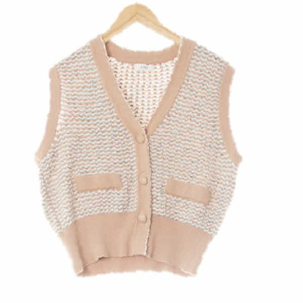 리스트 뮤티드클레이핑크 입체트위드패턴 면혼방 브이넥공갈포켓베스트