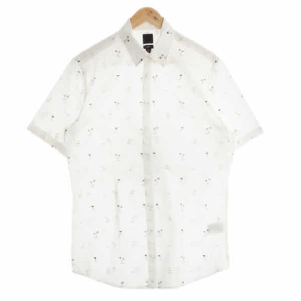 h&m 화이트 야자수파라솔패턴 면혼방 휴양지반팔셔츠
