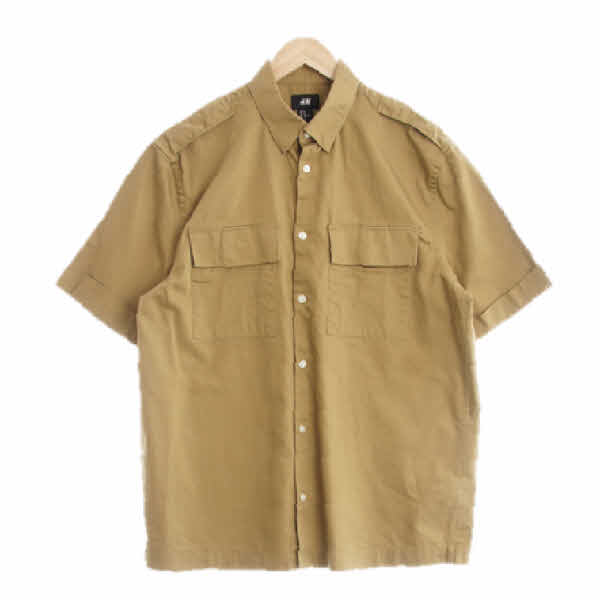 h&m 다크베이지 면 플랩포켓견장반팔셔츠