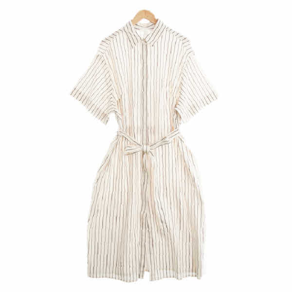 h&m 베이지 스트라이프 면혼방 허리리본카라맥시원피스