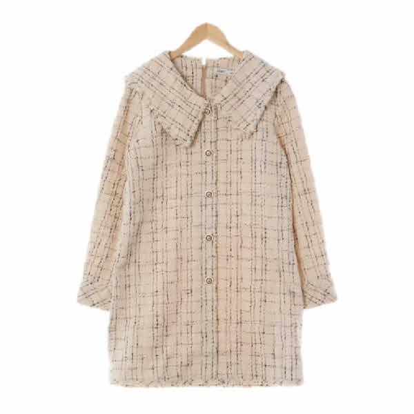 mixxo 아이보리 체크 면혼방 프린지트위드빅카라원피스 