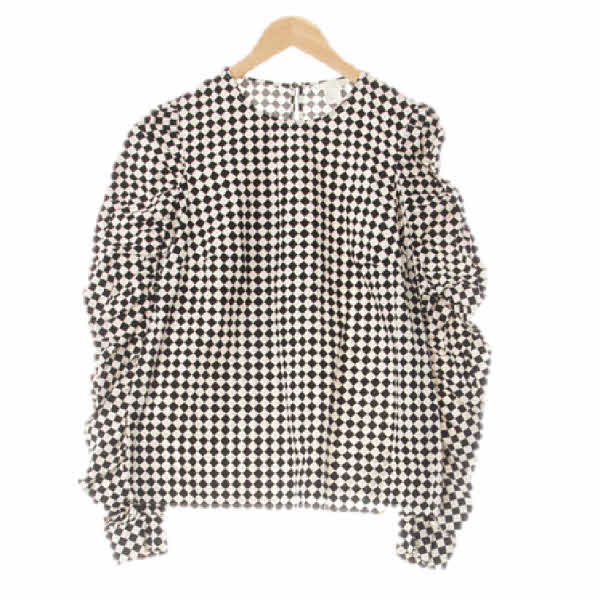 h&m 젯블랙아이보리 체커보드 면 소매퍼프스터드셔링블라우스 