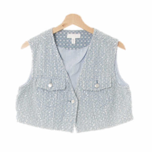 h&m 크리스탈블루 스팽글스트라이프 데님 데미지포인트크롭베스트