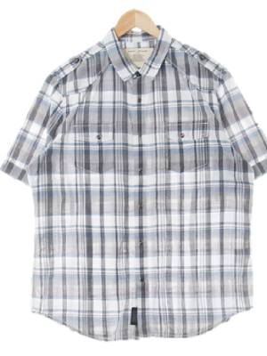 dkny 네이비 체크 면혼방 크링클견장반팔셔츠