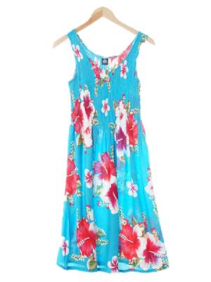 hibiscus collection Hawaii 브라이트셀룰리안블루 플라워패턴 하프주름하와이안민소매원피스 