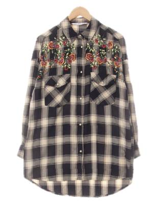 자라 커스터드베이지블랙 체크 비스코스혼방 비즈플라워롱셔츠
