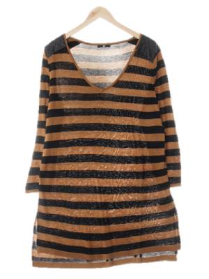 h&m 다크황토브라운블랙 스트라이프 비스코스혼방 레더배색딥브이넥니트원피스 