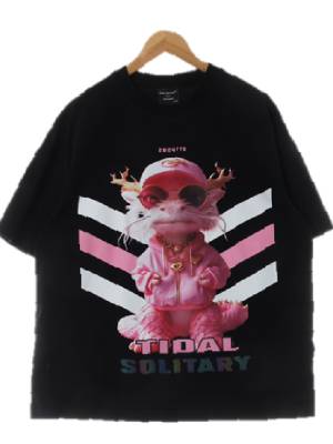 tidal solitary 블랙 프린팅 면혼방 루즈핏크루넥반팔티