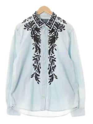 h&m 연청 식물패턴 면 자수데님셔츠