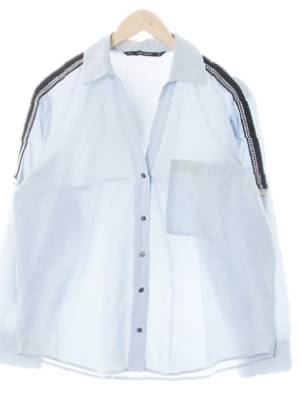 자라베이직 스카이블루 면혼방 네이비체인라벨포켓긴팔셔츠