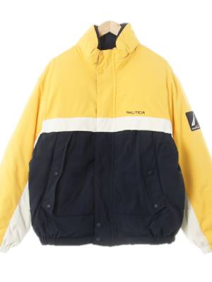 nautica 옐로우화이트네이비 하이넥블럭숏빈티지패딩