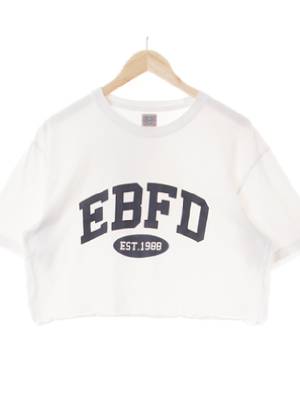 ebbetsfield 화이트 프린팅 면혼방 커브빅텍스트돌돌이크롭반팔티