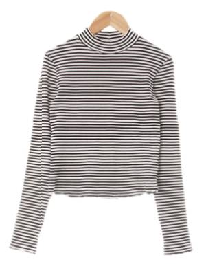 Forever21 화이트블랙 스트라이프 면혼방 하프넥슬림골지라운딩긴팔티