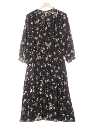 h&m 블랙 꽃다발패턴 라운드넥플리츠맥시원피스