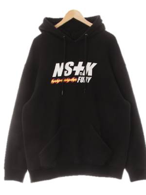 NS+K 블랙 프린팅 면 볼드레터링드롭숄더후드티