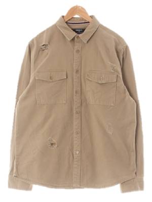 Forever21 다크샌드베이지 면 더블포켓데미지긴팔셔츠